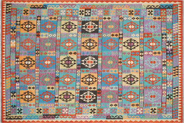 Flat Weave Kilim, Antique, Navaho, Vintage, Handmade, Geometric Kilim Blue Rust Hand-Woven Rectangle 100% Wool Area Rug 8 x 11